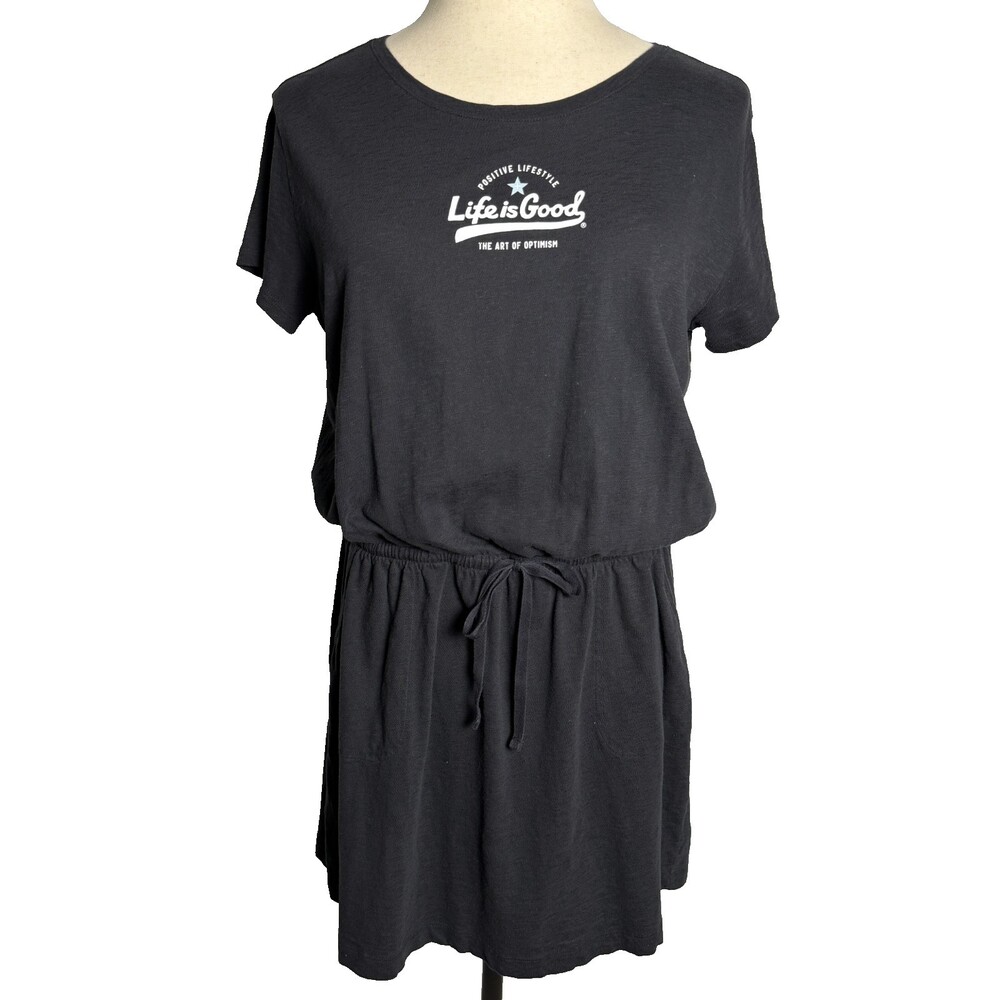 Life is Good T-Shirt Dress Women's Size L Black Short Sleeve Drawstring Pockets